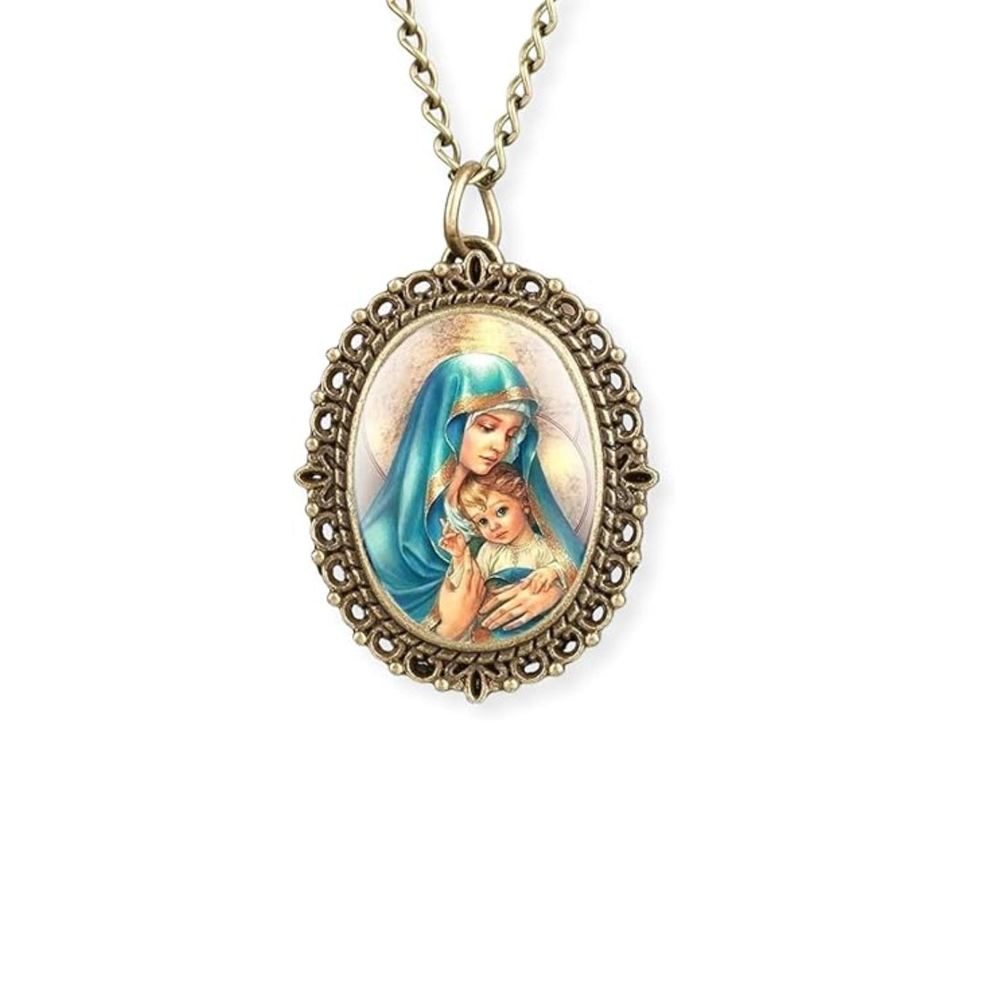 Antique Bronze Pocket Watch Pendant with Holy Mary & Baby Jesus Icon, Christian Madonna Quartz Chain Necklace Nazareth Store