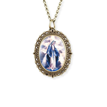 Antique Bronze Pocket Watch Pendant with Miraculous Madonna Christian Icon, Jesus Quartz Chain Necklace Nazareth Store