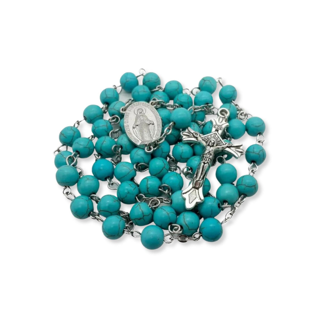 Marble Turquoise Beads Rosary Catholic Necklace Miraculous Medal & Cross Nazareth Store