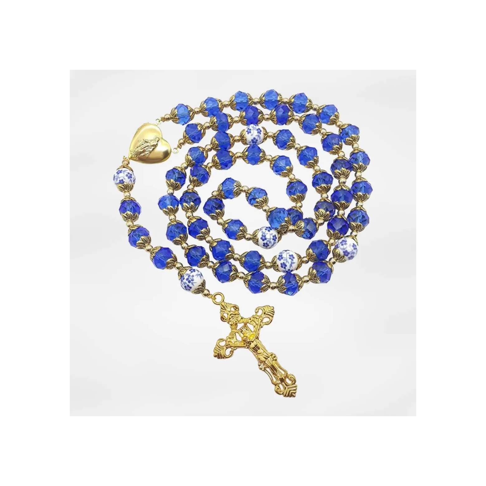 Gold Blue Crystal Rosary Crystallized Beads Necklace Miraculous Locket Medal Nazareth Store