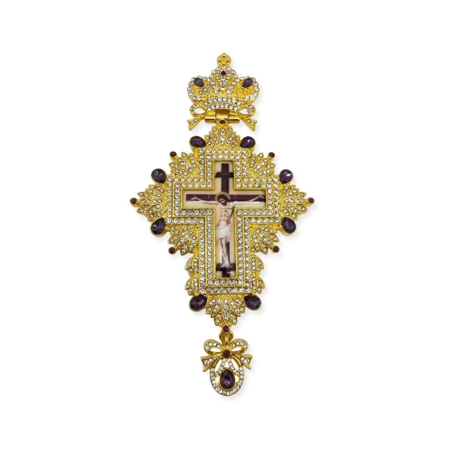 Gold Pectoral Cross Pendant Jesus Crucifix with Purple Crystallized Beads for Priest & Bishop Clergy Necklace - Nazareth Store