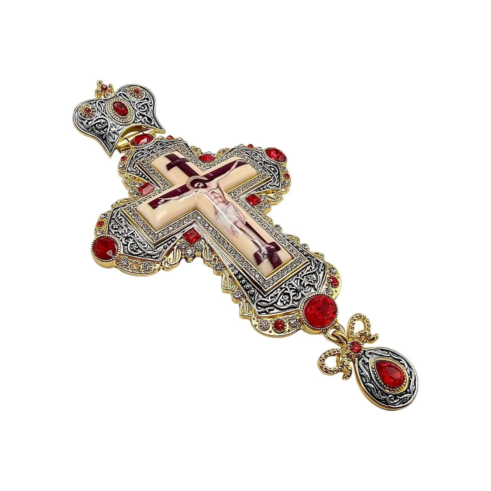 Gold Pectoral Cross Red Multi Zircons Pendant Christian Priest Bishop Crucifix Necklace - Nazareth Store