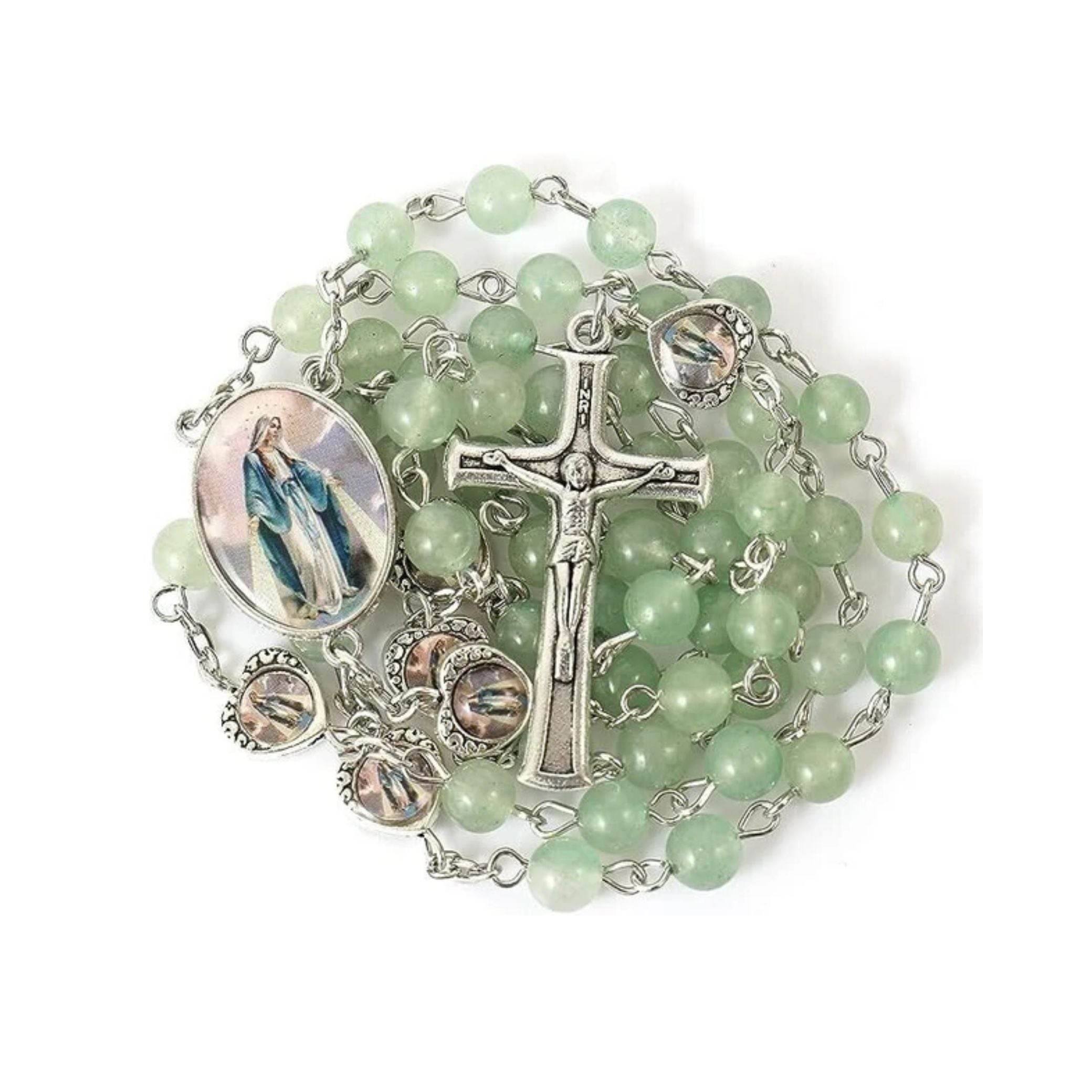 Aventurine Beads Rosary Necklace with Miraculous Epoxy Heart Metal Beads - Nazareth Store
