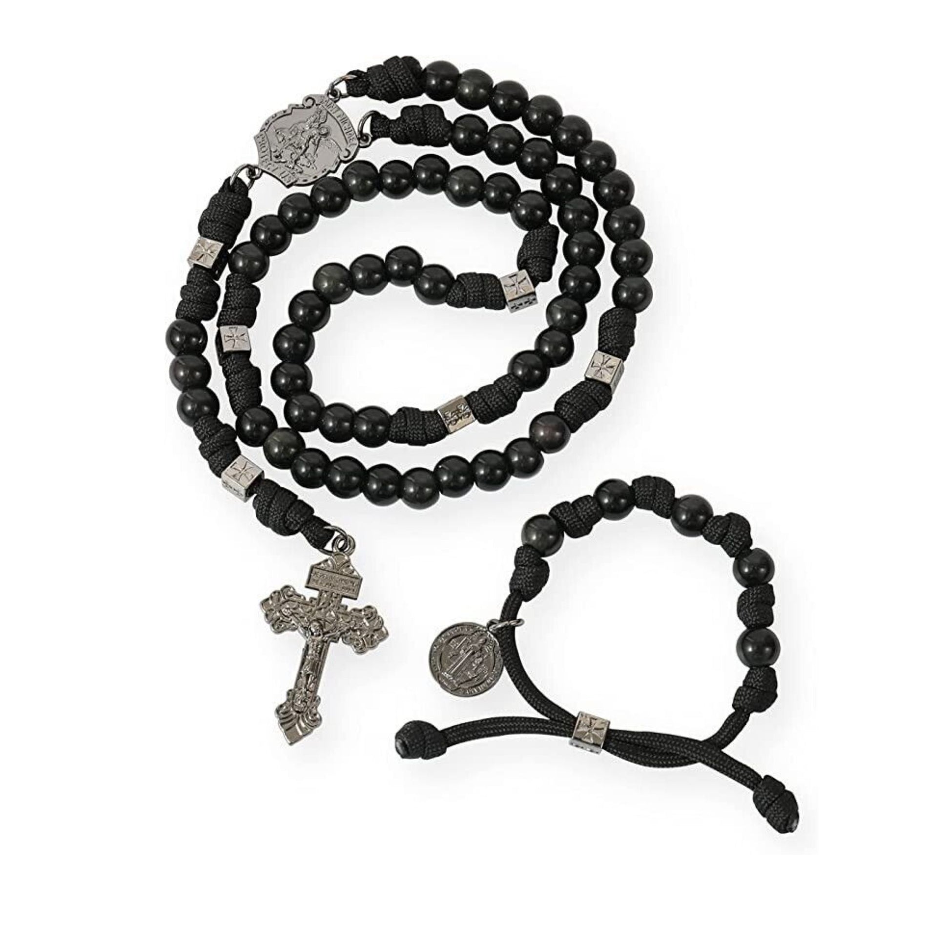 Black Agate Rosary Beads Paracord Set St. Michael Necklace & St. Benedict 22" Nazareth Store