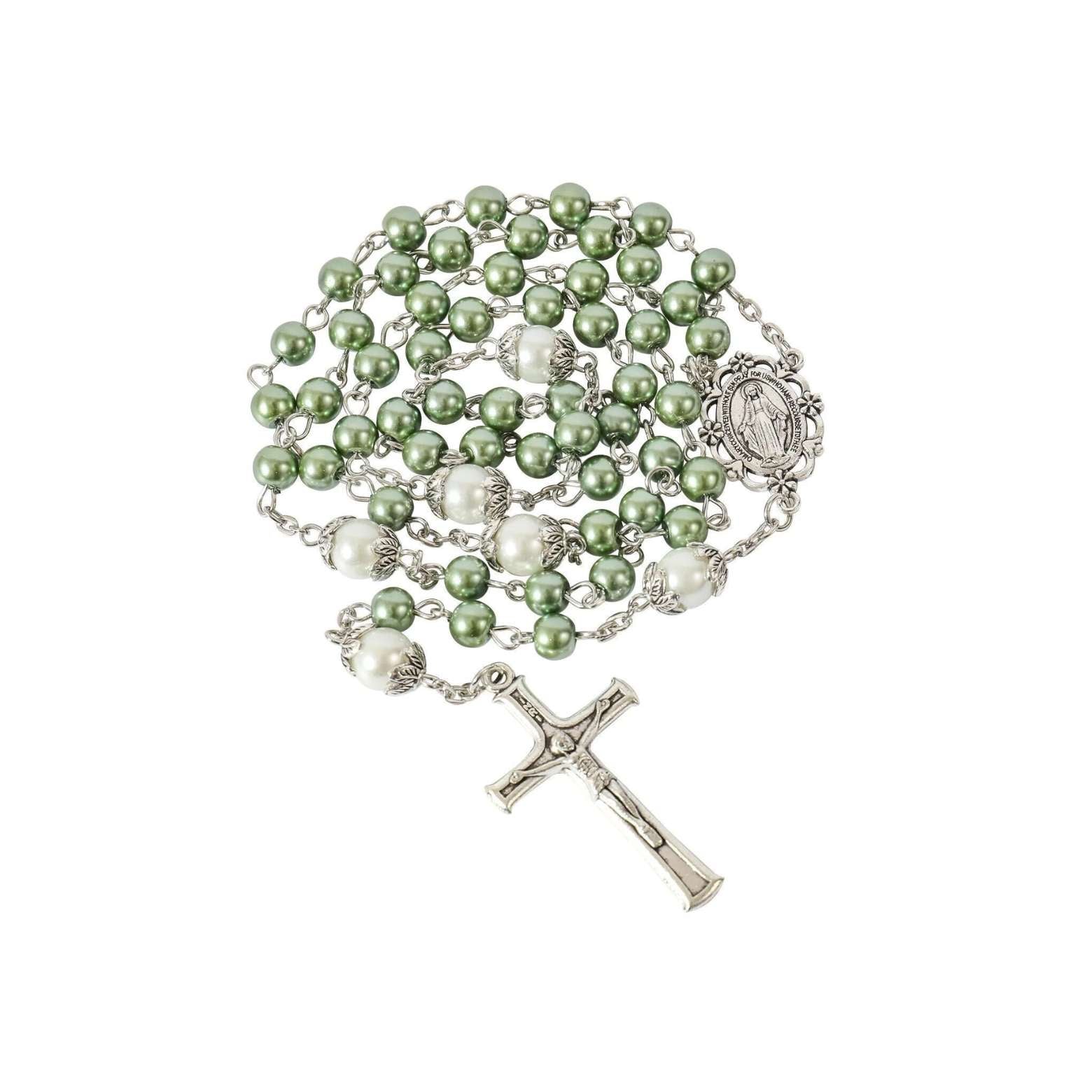 Green Pearl Beads Rosary White Our Father Beaded Necklace Lourdes Medal & Cross Crucifix Nazareth Store