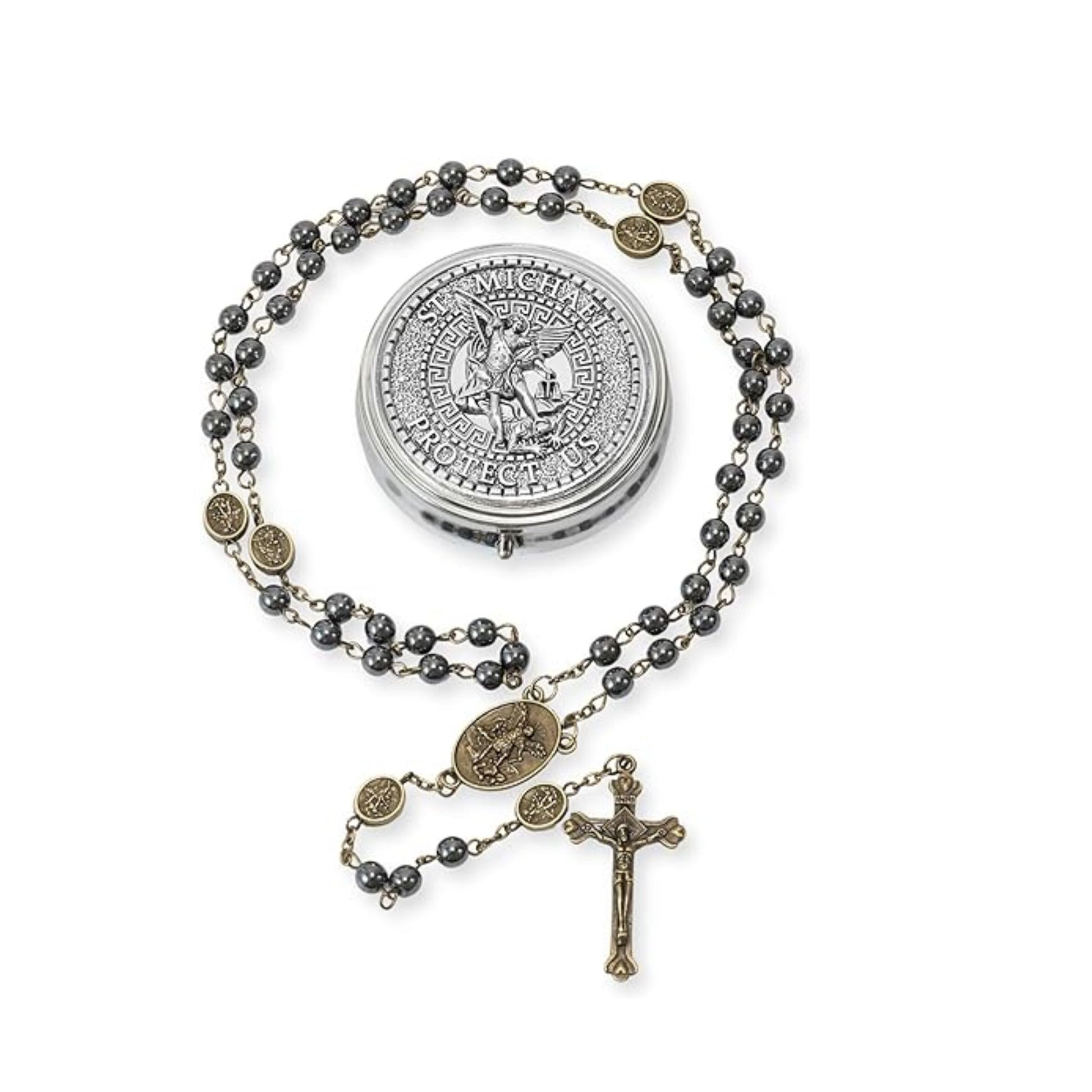 Black Hematite Bronze St. Michael Stone Beads Rosary Necklace with Metal Box Nazareth Store