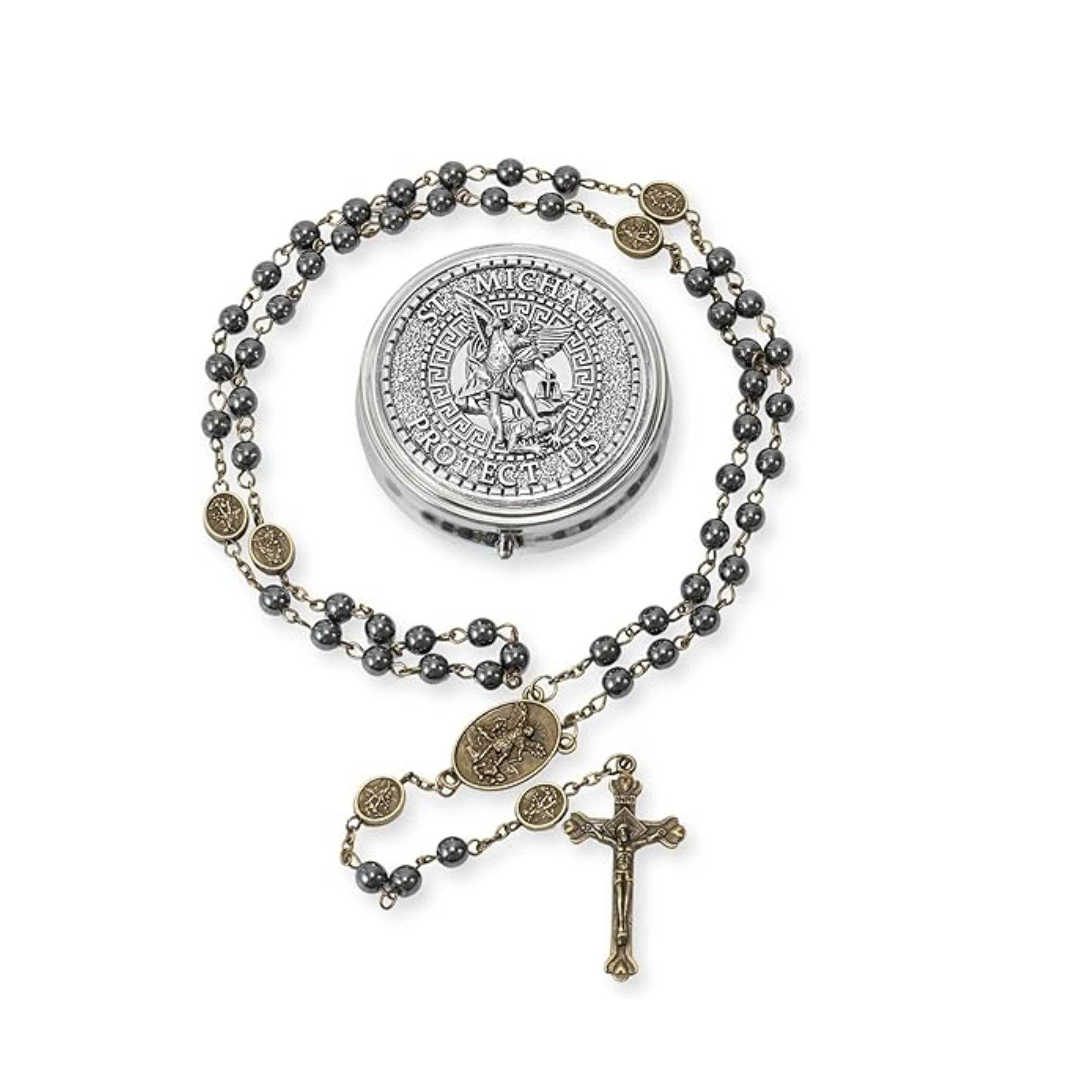 Black Hematite Bronze St. Michael Stone Beads Rosary Necklace with Metal Box - Nazareth Store