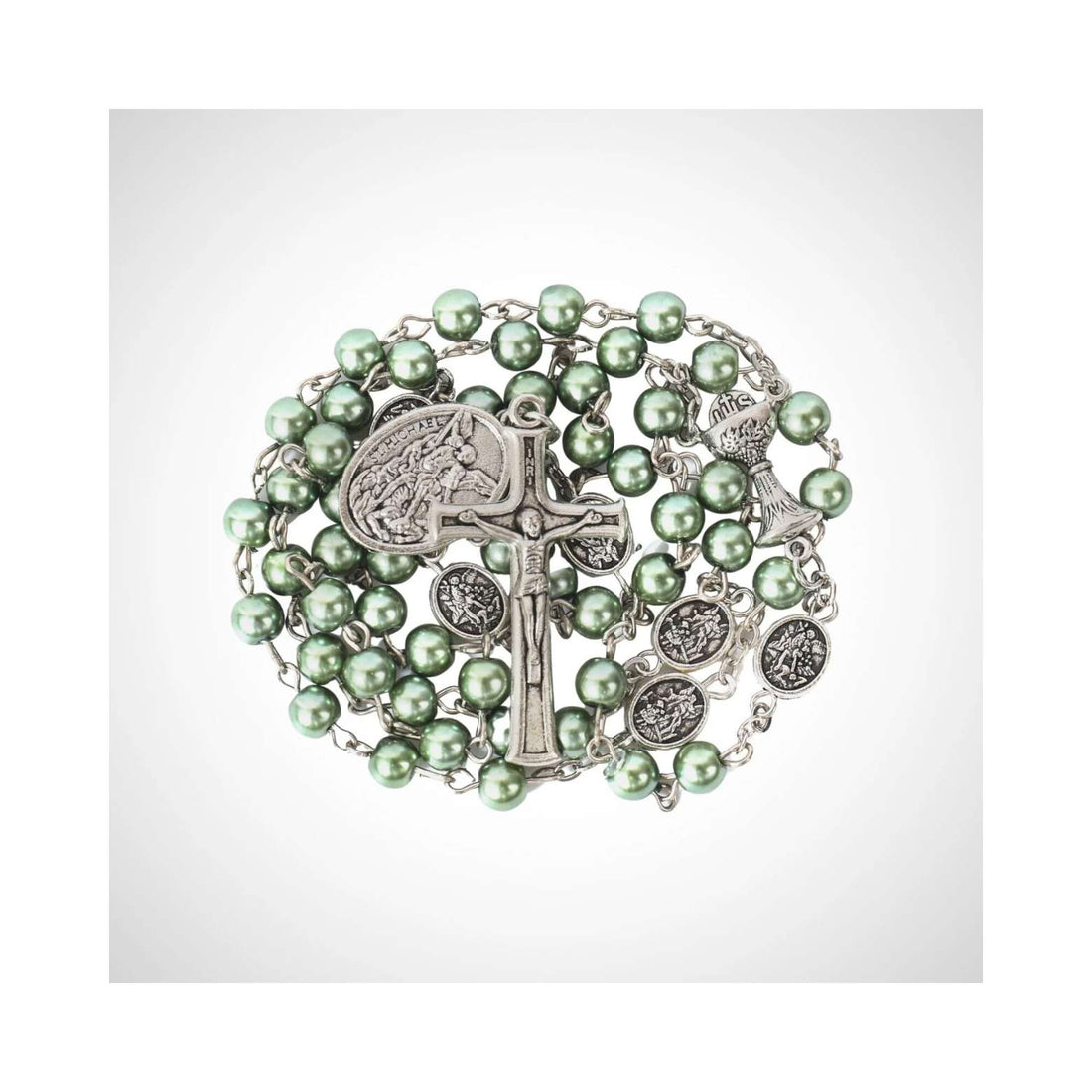 Green Pearl Communion Rosary Guardian Our Father Beads and St. Michael Medal Nazareth Store