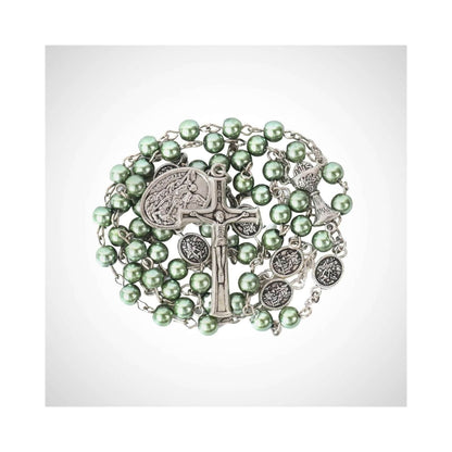 Green Pearl Communion Rosary Guardian Our Father Beads and St. Michael Medal - Nazareth Store