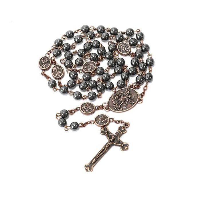 St Michael Hematite Rosary Necklace Copper Metal Box