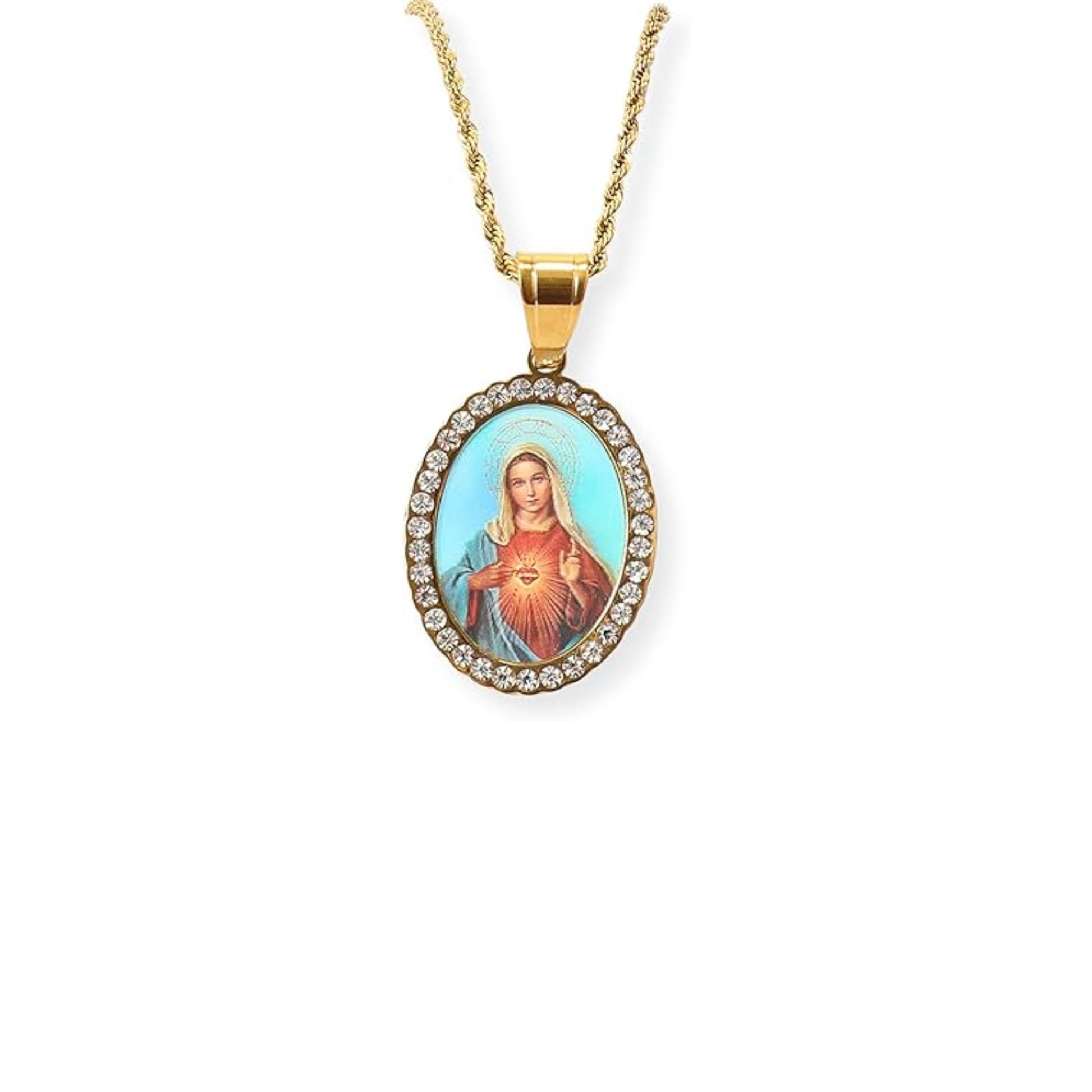 18k Gold Plated Zircon Oval Immaculate Heart of Mary 3D Stainless Steel Necklace Nazareth Store