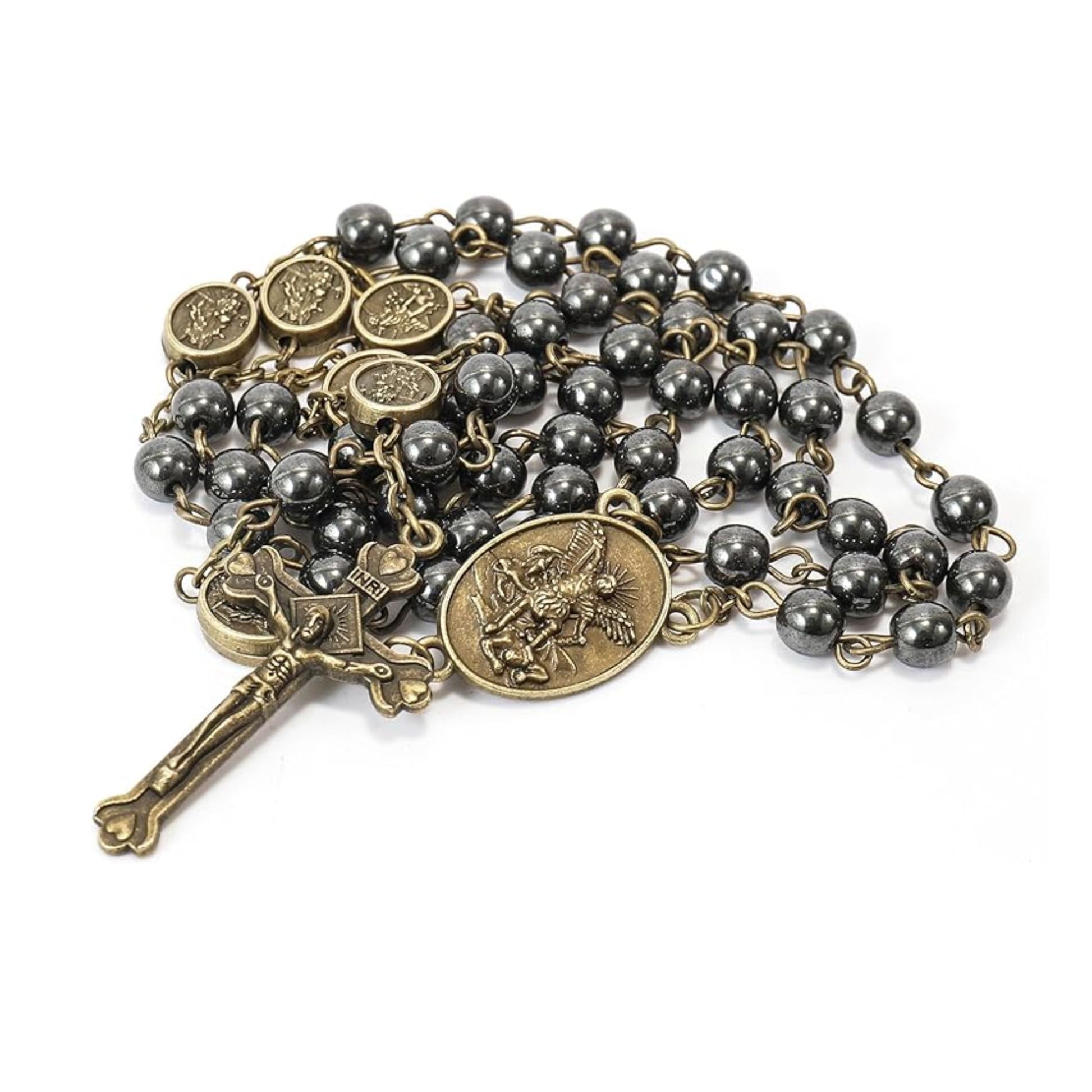 Black Hematite St. Michael Stone Beads Rosary Necklace with Metal Box Nazareth Store