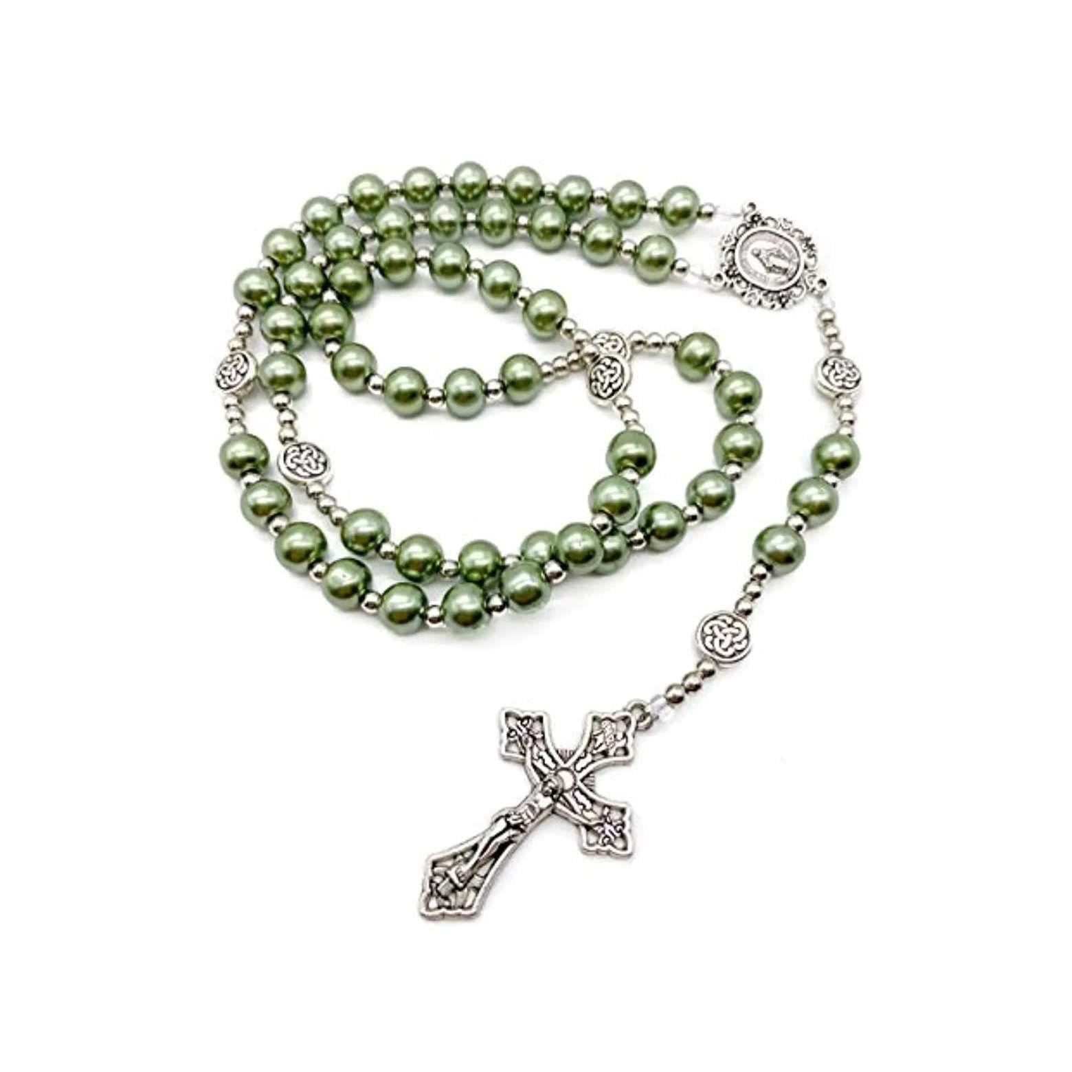 Green Pearl Beads Rosary Catholic Beaded Necklace Miraculous Medal Cross - Nazareth Store