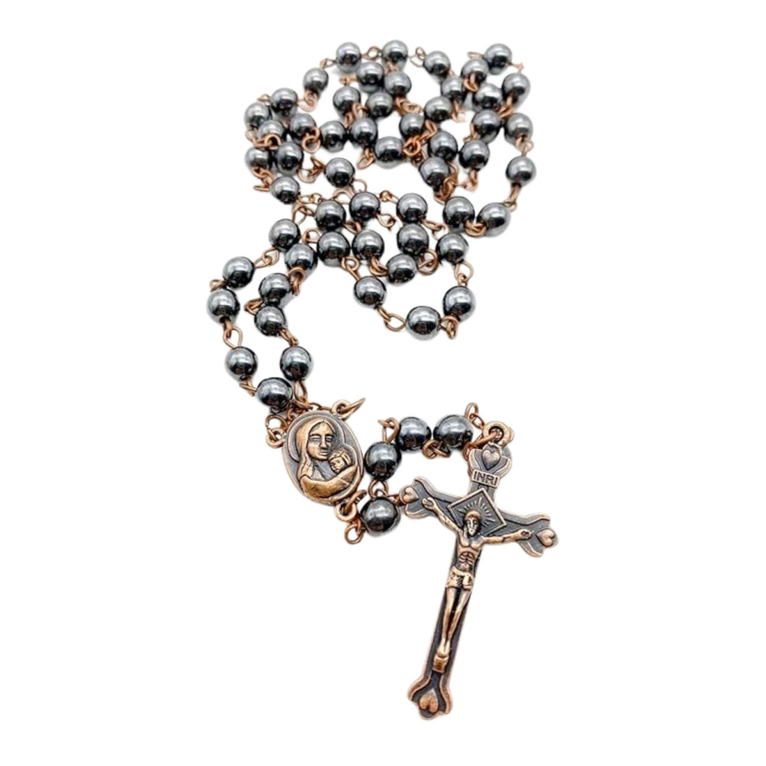 Black Hematite Rosary Stone Beads Handmade Chaplet Holy Soil Medal & Cross Nazareth Store