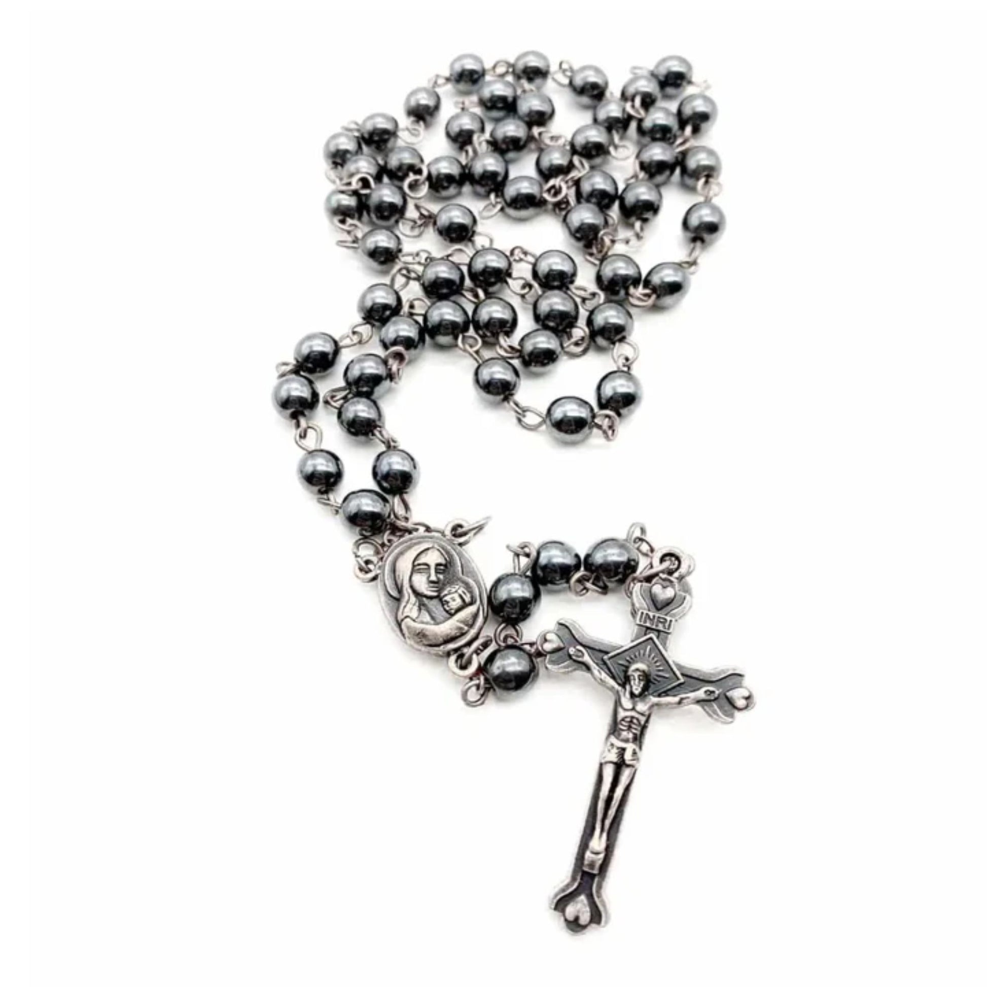 Black Hematite Rosary Necklace Natural Stone Beads Chaplet  Velvet Bag Nazareth Store