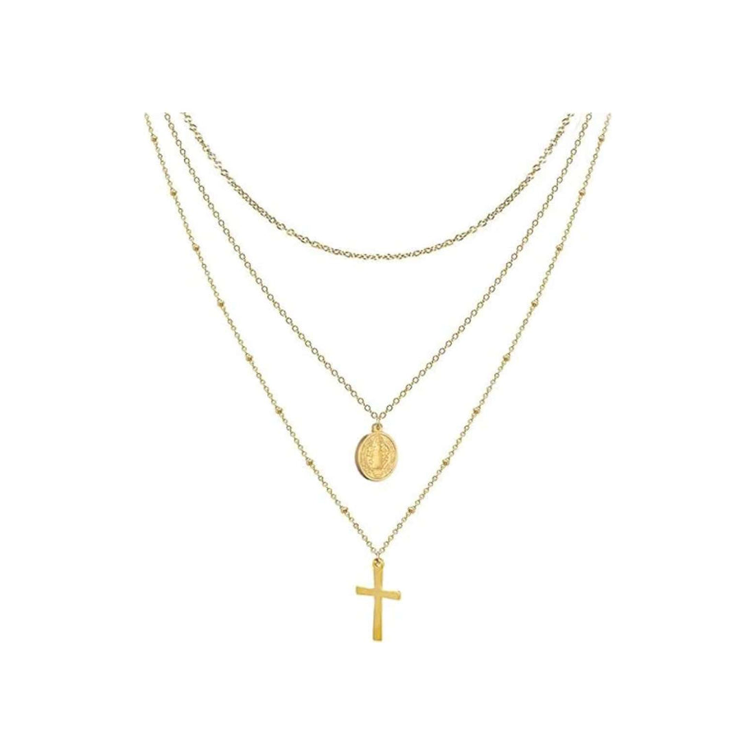 14K Gold Plated Layered 18" Cross Necklace with Saint Benedict Medal Nazareth Store