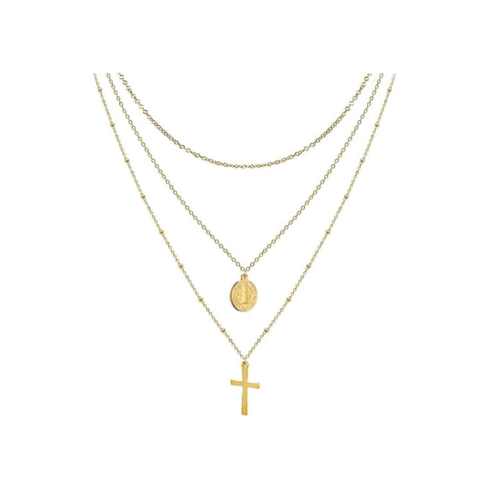 14K Gold Plated Layered 18" Cross Necklace with Saint Benedict Medal Nazareth Store