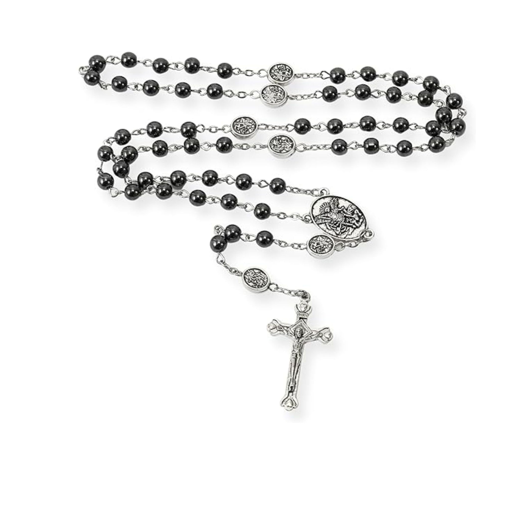 Black Hematite Silver St. Michael Stone Beads Rosary Necklace with Metal Box Nazareth Store