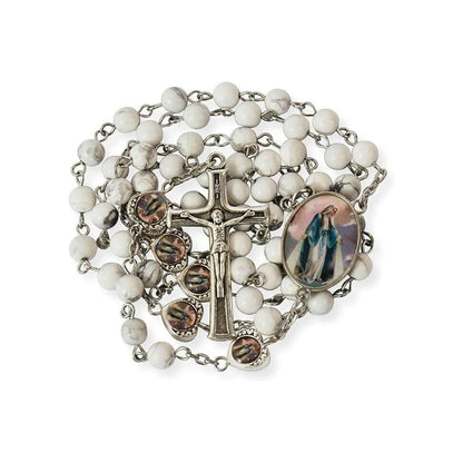 Howlite Stone Beads Rosary Necklace with Miraculous Epoxy Heart Metal Beads - Nazareth Store