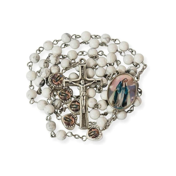 Howlite Stone Beads Rosary Necklace with Miraculous Epoxy Heart Metal Beads - Nazareth Store