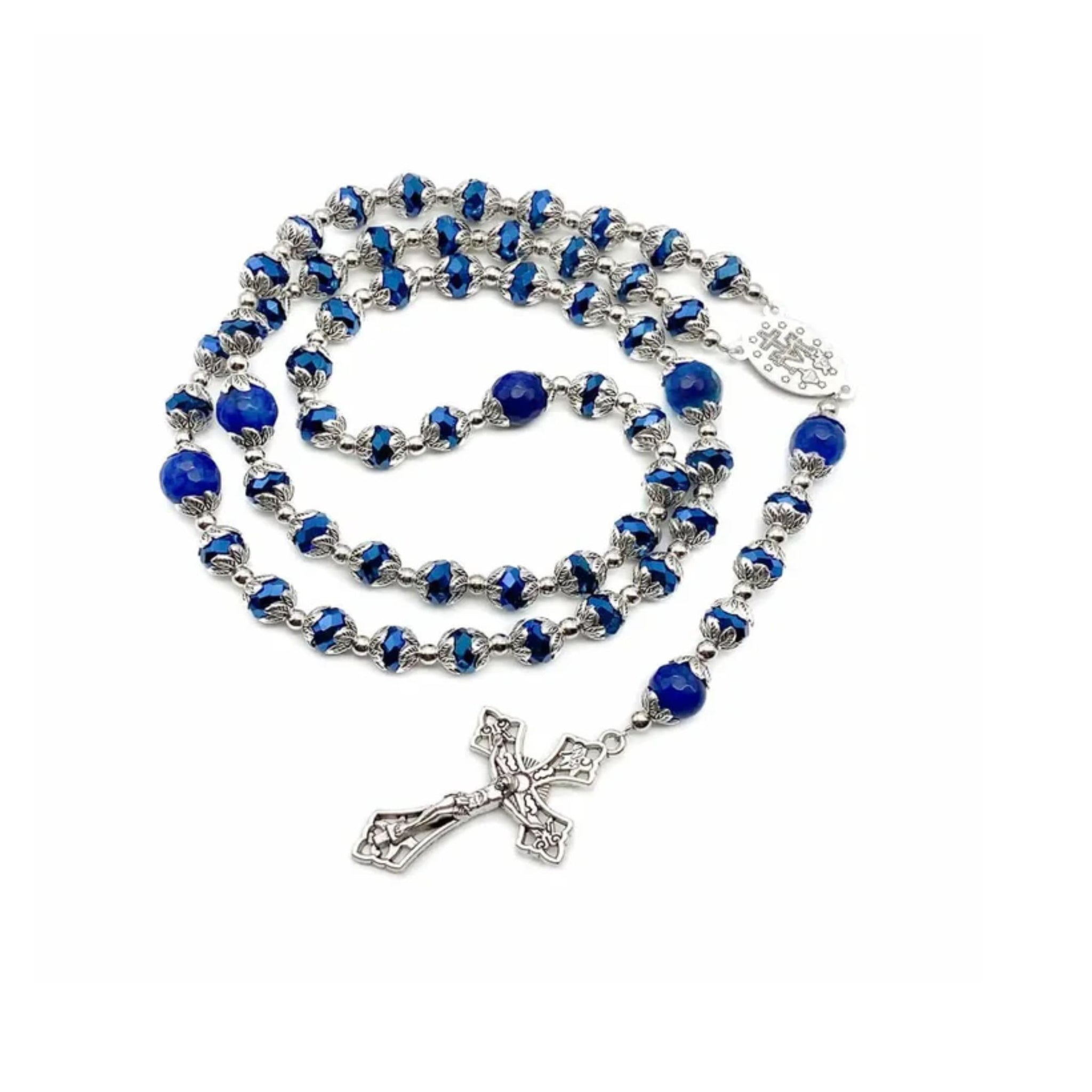 Blue Agate Crystal Beads Rosary Necklace Miraculous Medal & Cross Nazareth Store