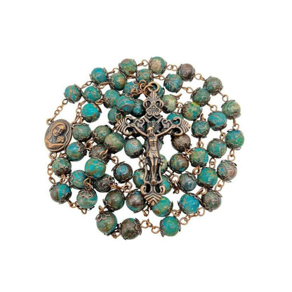 Natural Jasper Stone Beads Rosary Necklace Holy Soil Medal & Cross Crucifix