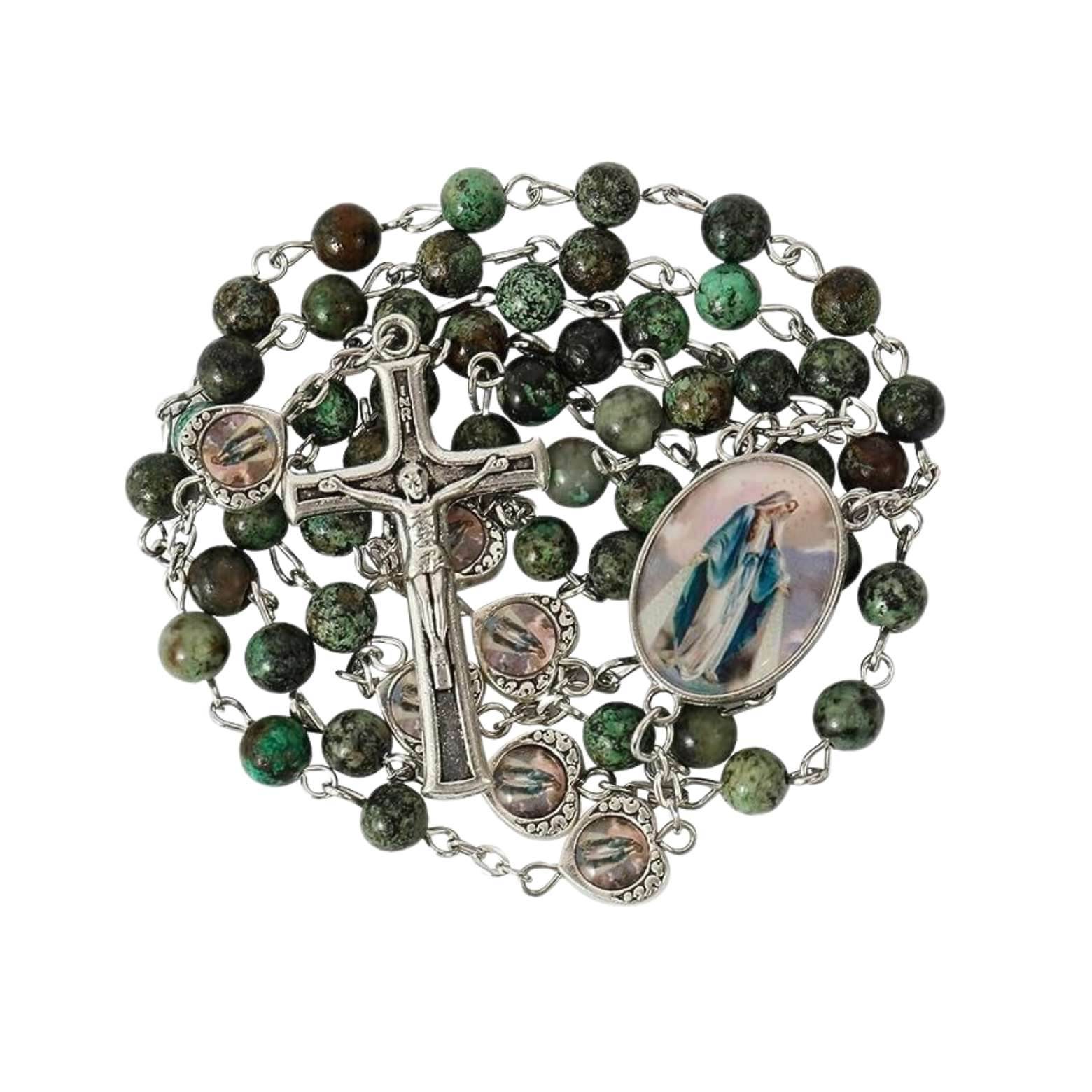 African Jasper Stone Beads Rosary Necklace with Miraculous Epoxy Heart Metal Beads - Nazareth Store