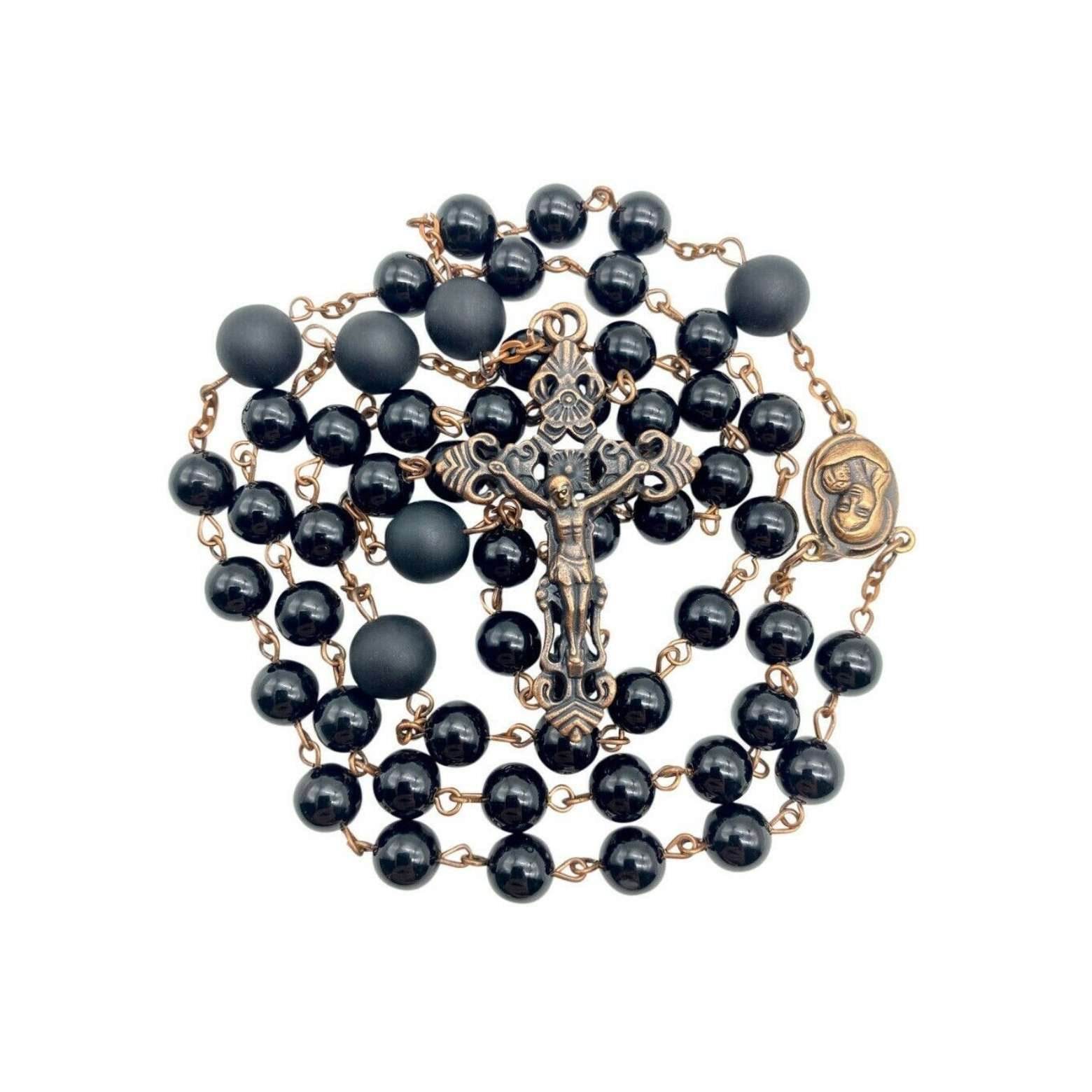 Natural Onyx Stone Beads Rosary Vintage Design Necklace Holy Soil Medal Cross - Nazareth Store