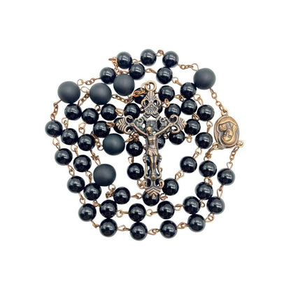 Natural Onyx Rosary Necklace Vintage Design with Holy Soil Medal & Cross - Nazareth Store
