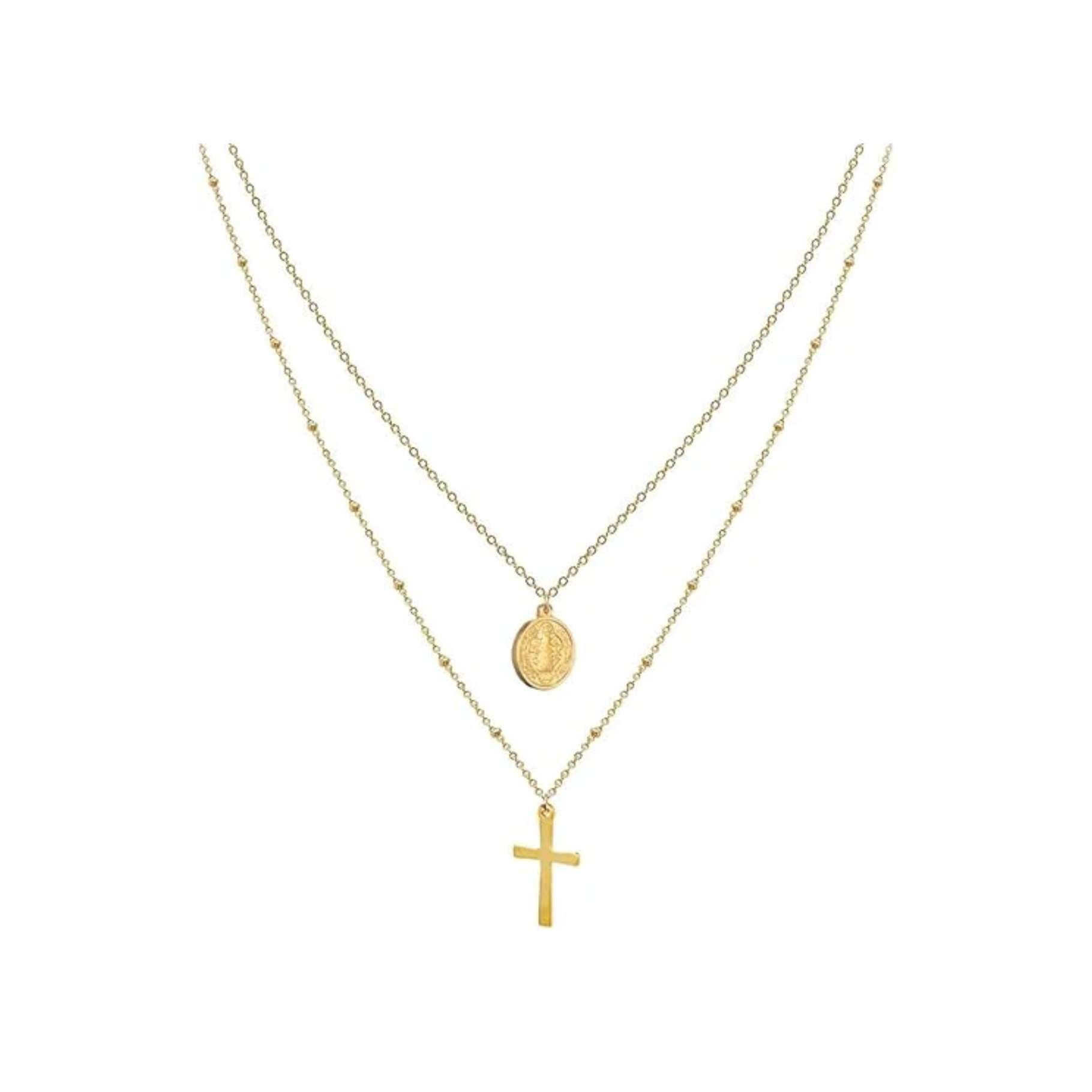 14K Gold Plated Layered 18" Cross Necklace with Saint Benedict Medal Protection Amulet Chain Nazareth Store