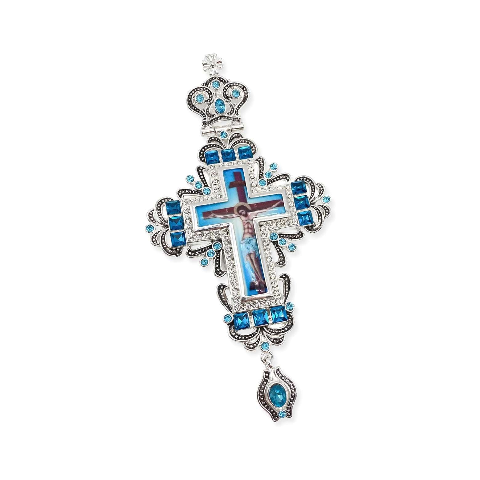 Pectoral Clergy Cross Pendant 23" Jesus Priest Bishop Turqouise Crystallized Crucifix Nazareth Store