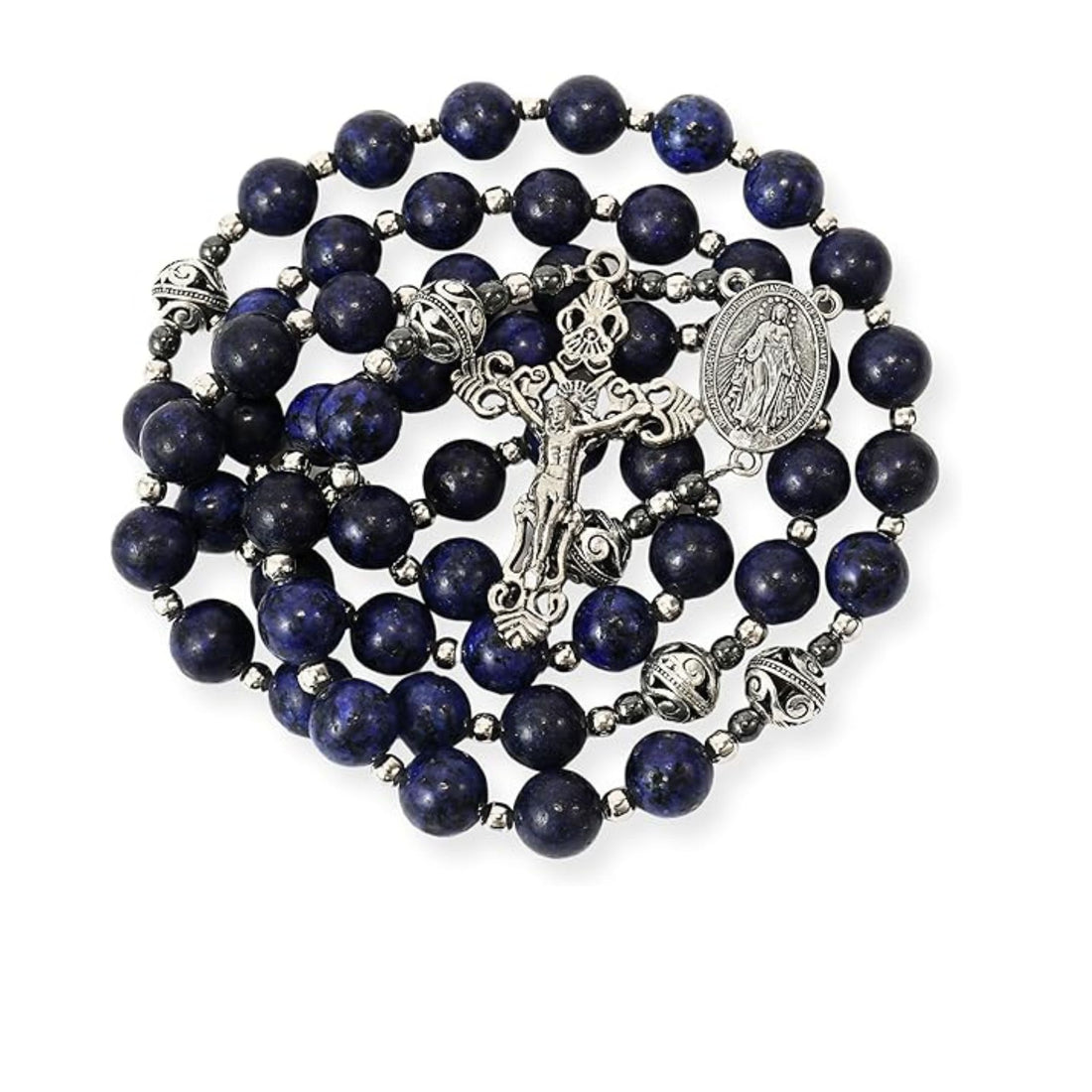 Blue Lapis Lazuli Beads Rosary Necklace with Miraculous Medal, Silver Crucifix for Men & Women Nazareth Store