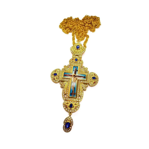 Pectoral Cross Pendant Blue Crystals Gold Plated 18K