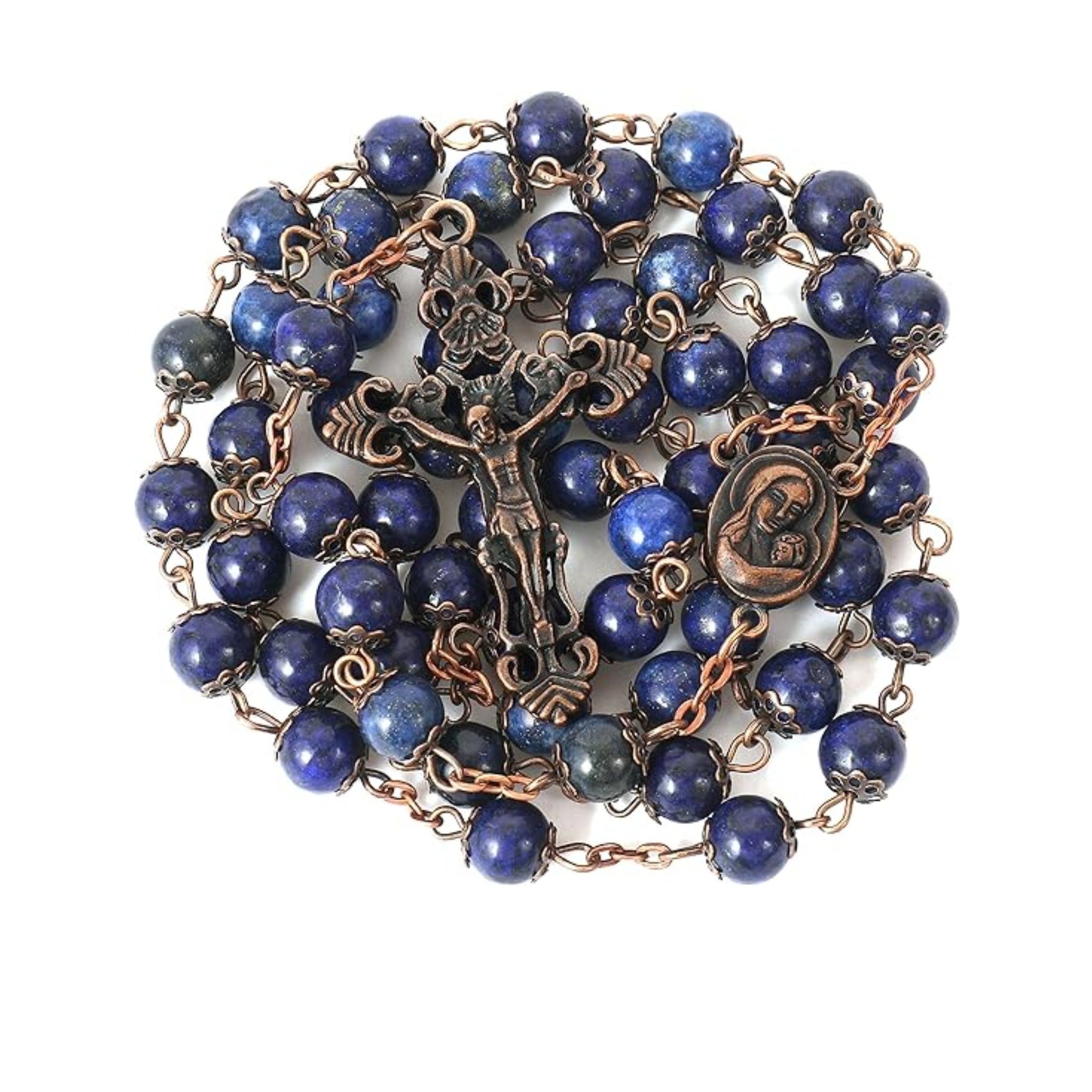 Blue Lapis Lazuli Natural Stone Rosary Beads Necklace Holy Soil & Cross Crucifix Nazareth Store