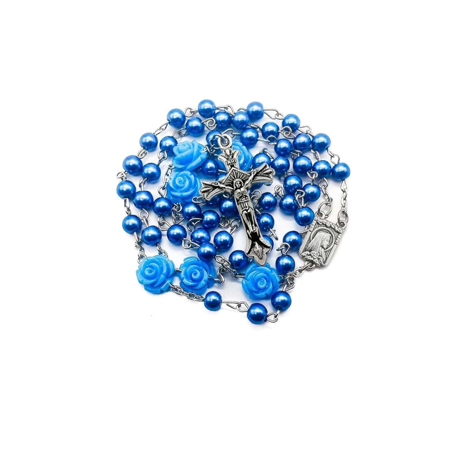 Blue Rosary Pearl Beads Necklace Rose Lourdes Medal & Cross Crucifix Nazareth Store