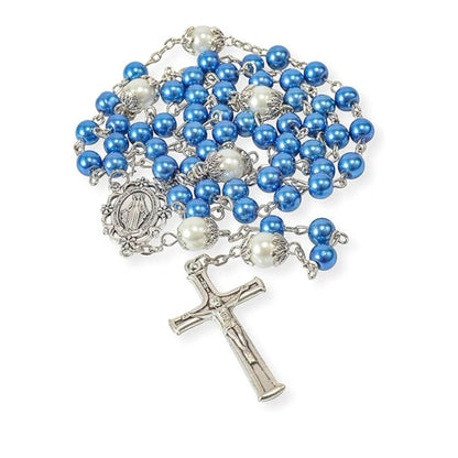 Blue Pearl Rosary Beads White Beaded Necklace Lourdes Medal & Cross - Nazareth Store