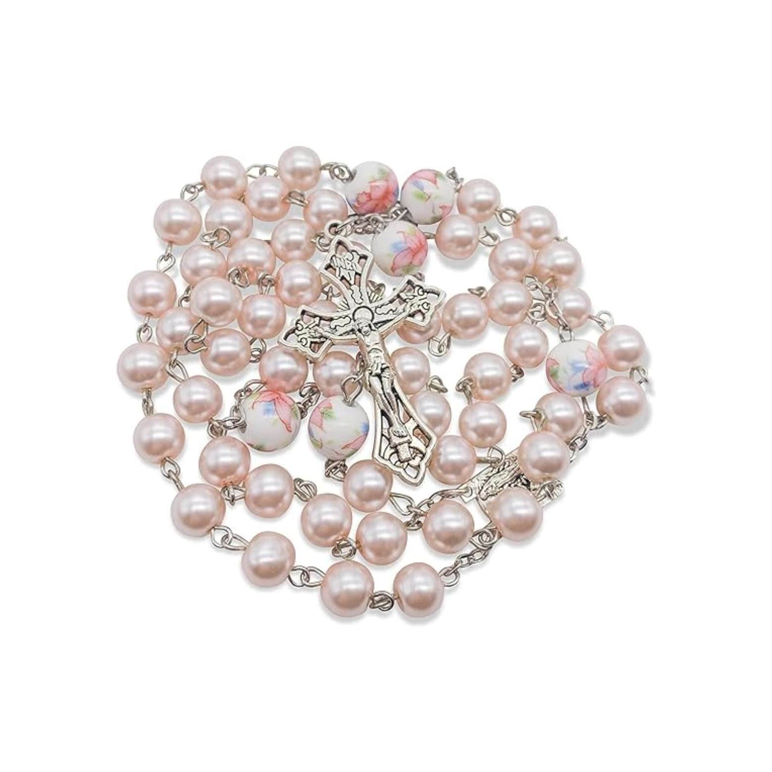 White Flowers Pink Pearl Rosary Beads Miraculous Medal & Cross Crucifix - Nazareth Store