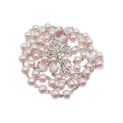 White Flowers Pink Pearl Rosary Beads Miraculous Medal & Cross Crucifix - Nazareth Store