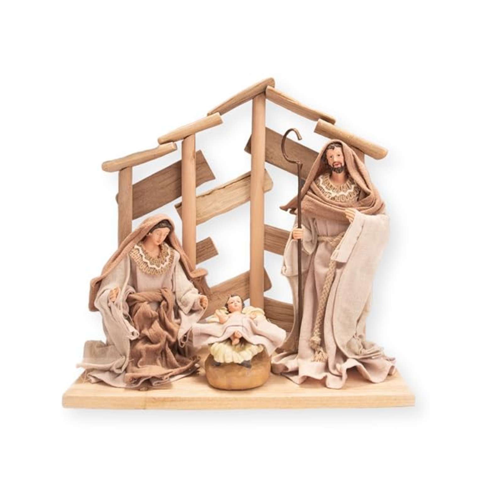 Pine Wood Nativity Set Holy Family in Cotton Fabric Clothes 12" Resin Figurine Nazareth Store