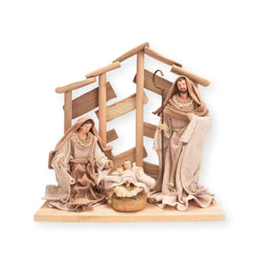 Weihnachtskrippe aus Kiefernholz, Heilige Familie in Baumwollstoffkleidung, 30,5 cm große Harzfigur