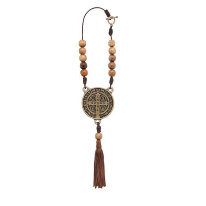 Car Rearview Mirror Rosary One Decade Wood Beads St. Benedict Medal Protection - Nazareth Store