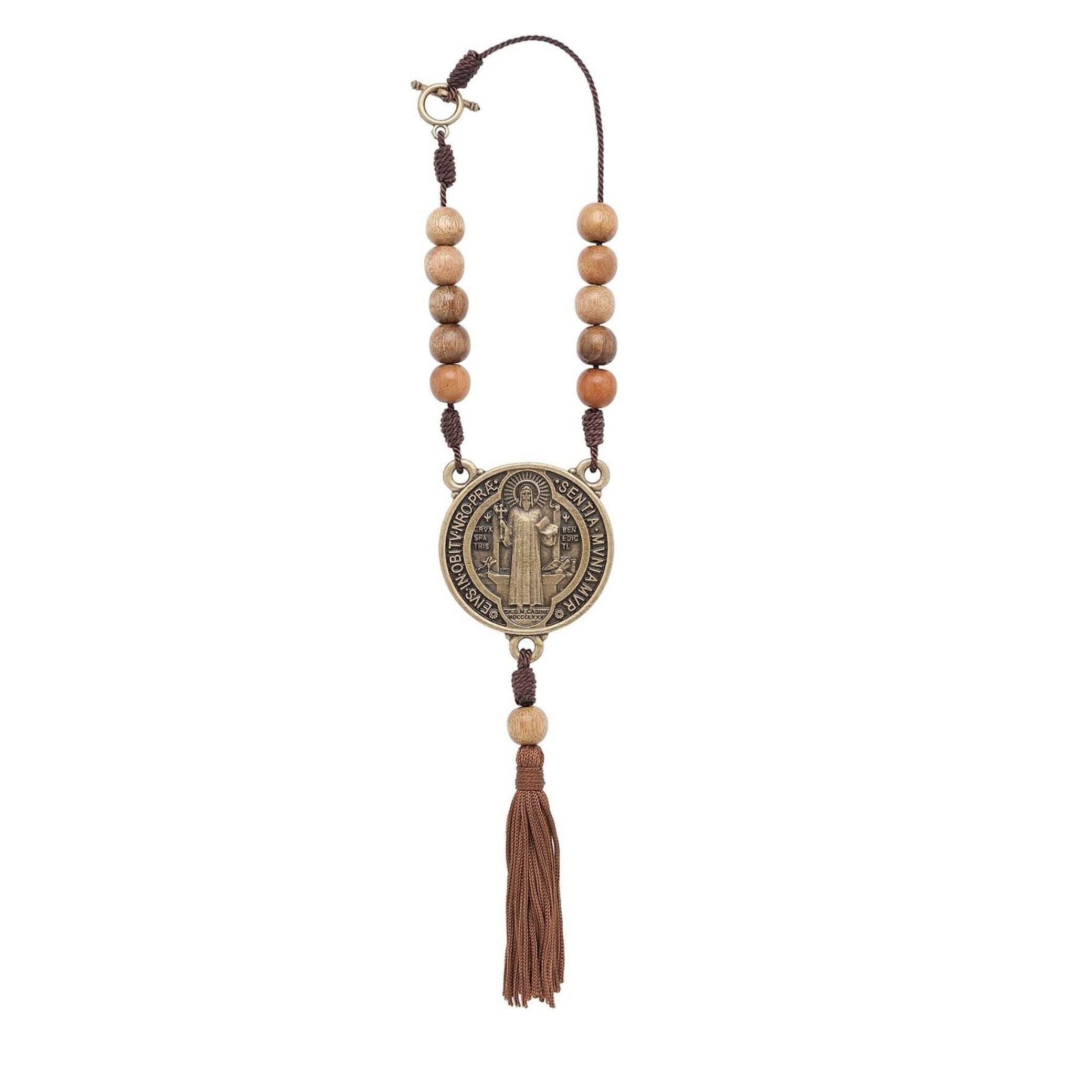 Car Rearview Mirror Rosary One Decade Wood Beads St. Benedict Medal Protection - Nazareth Store