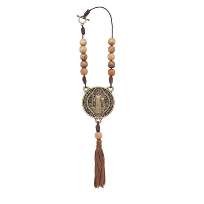 Car Rearview Mirror Rosary One Decade Wood Beads St. Benedict Medal Protection - Nazareth Store