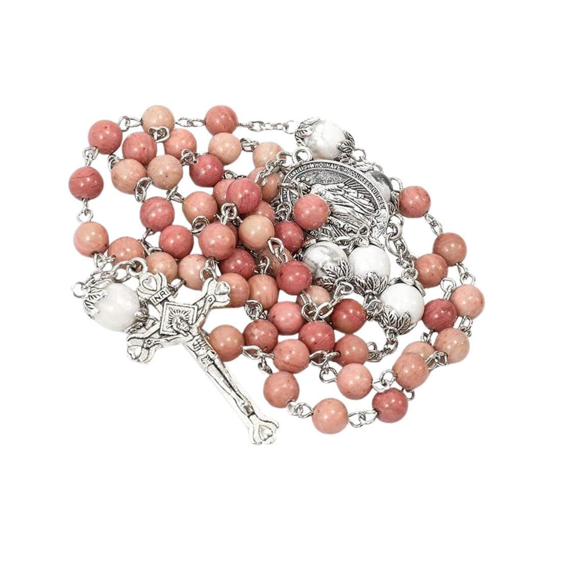 White Howlite Pink Aventurine Beads Rosary Necklace Miraculous Medal Holy Mary Box Nazareth Store