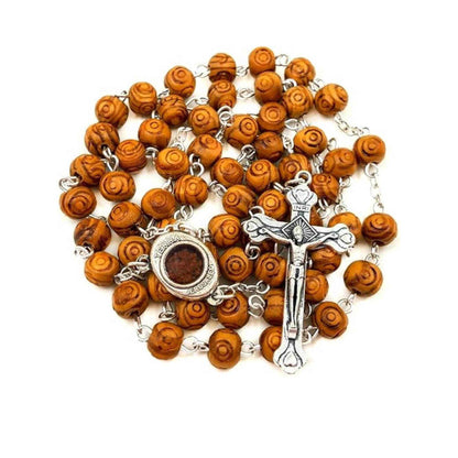 Carved Olive Wood Beads Rosary Necklace Holy Soil Medal