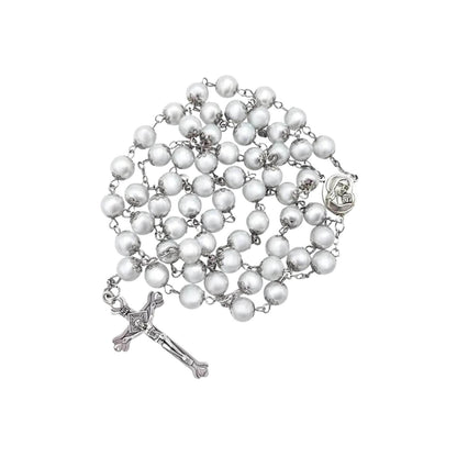 White Pearl Beads Rosary Necklace Holy Mary Medal & Cross Velvet Bag - Nazareth Store