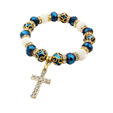 Catholic Cross Rosary Bracelet Deep Blue Crystal Beads Wrist Bangle Nazareth Store