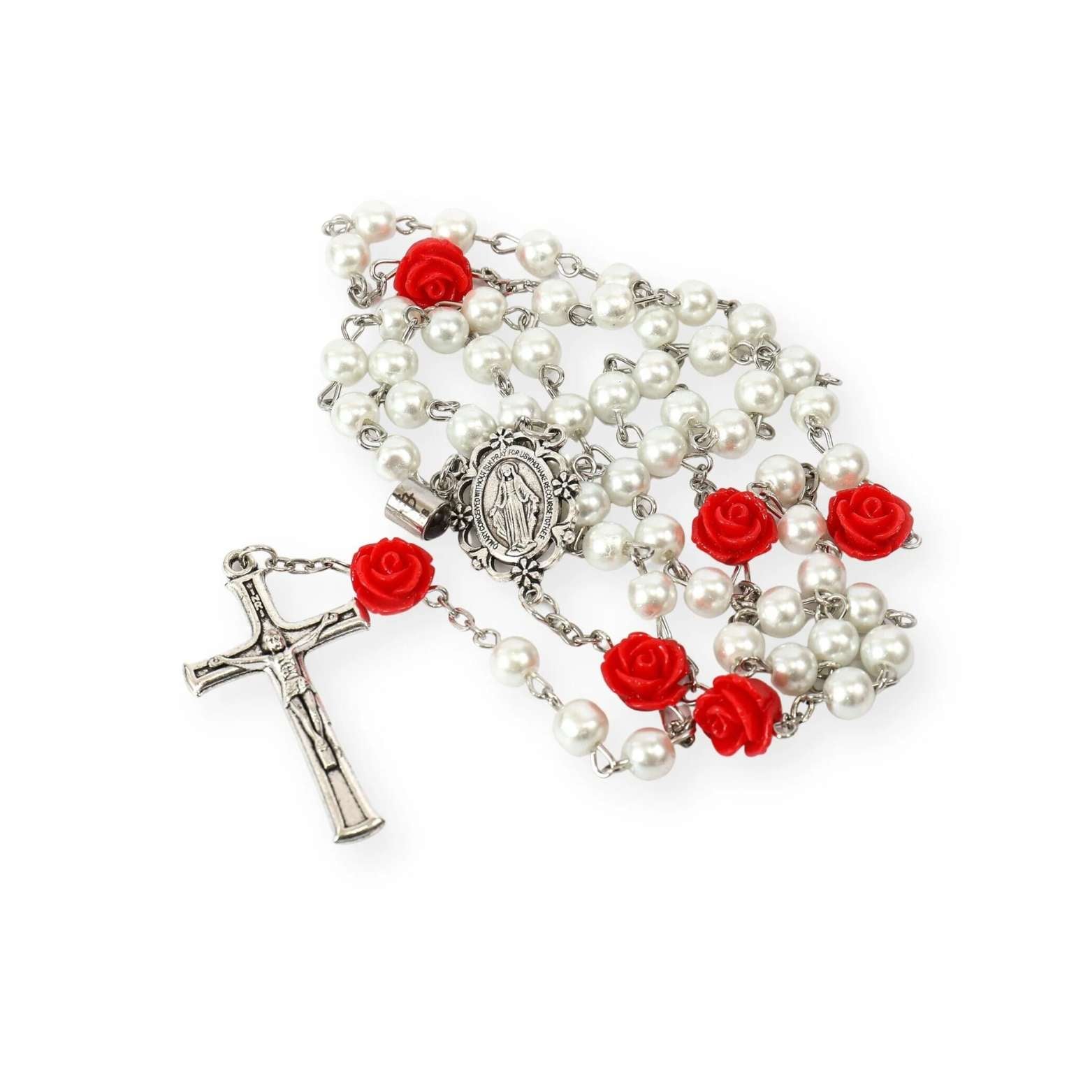 White Pearl Beads Rosary Our Father Prayer Projection and Miraculous Medal 22" Nazareth Store