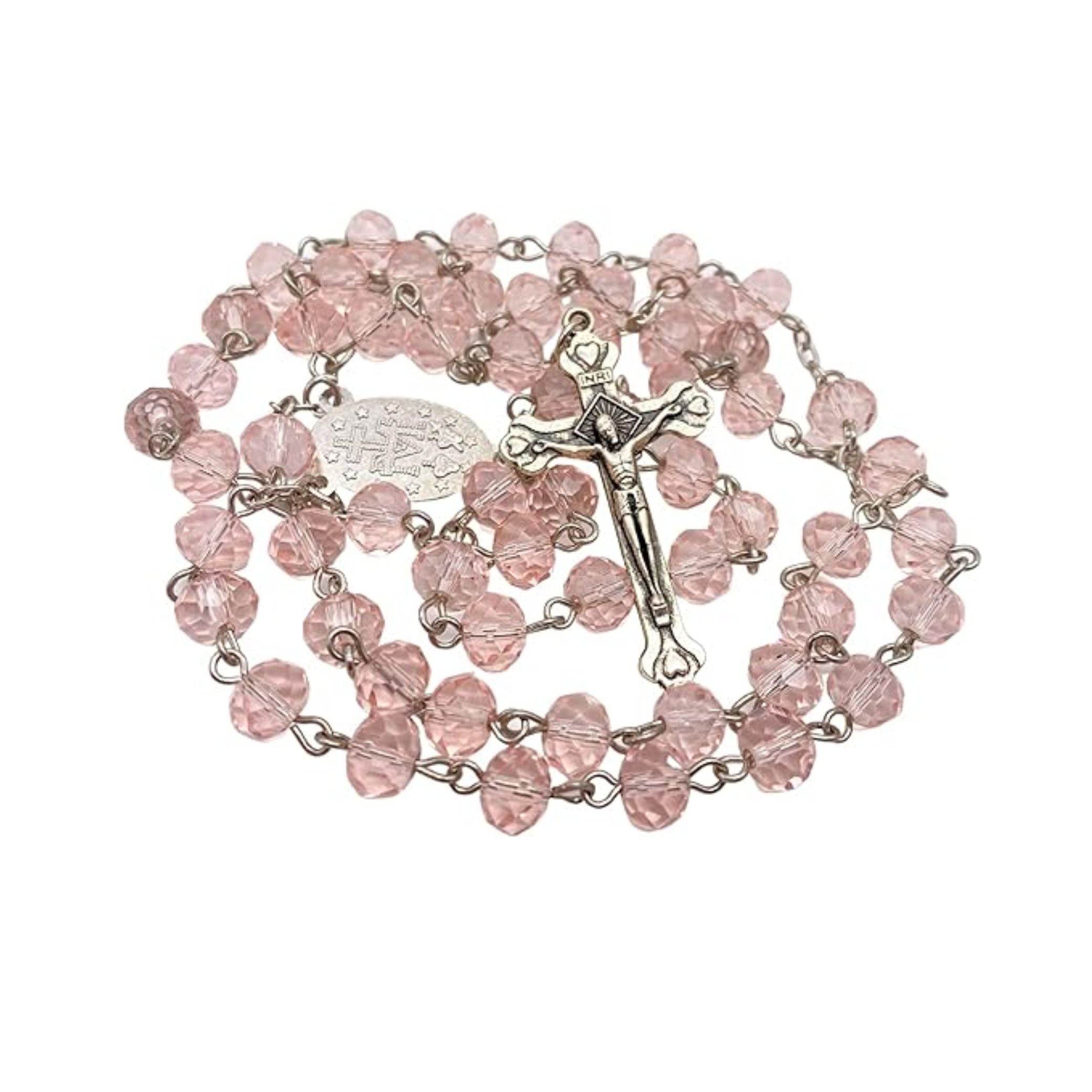 Catholic Pink Crystal Beads Rosary Necklace Miraculous Medal - Nazareth Store