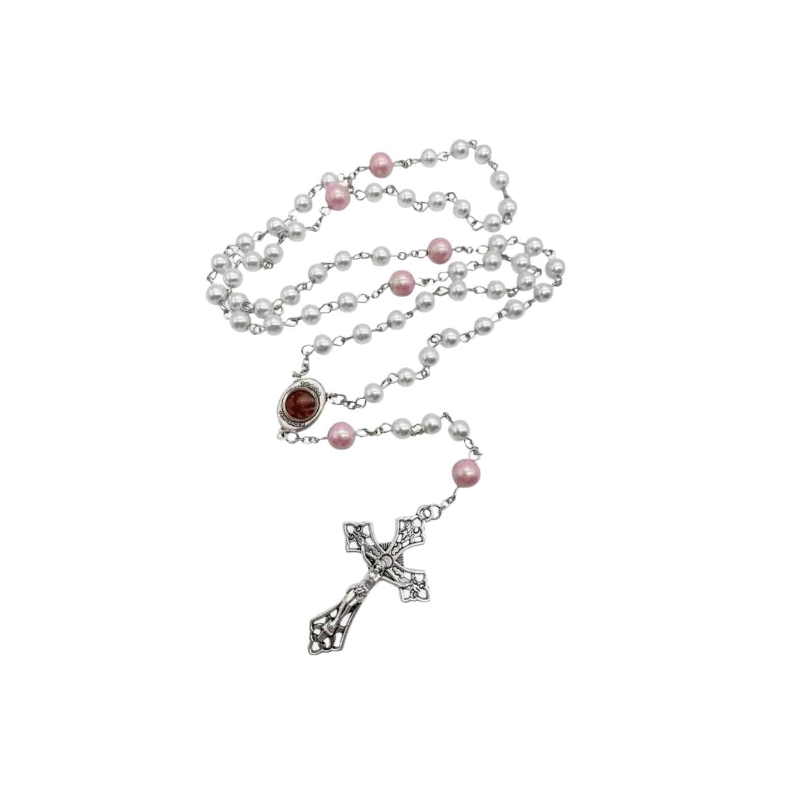 White Pearl Beads Rosary Necklace Purple Glory Beads Holy Mary Medal - Nazareth Store